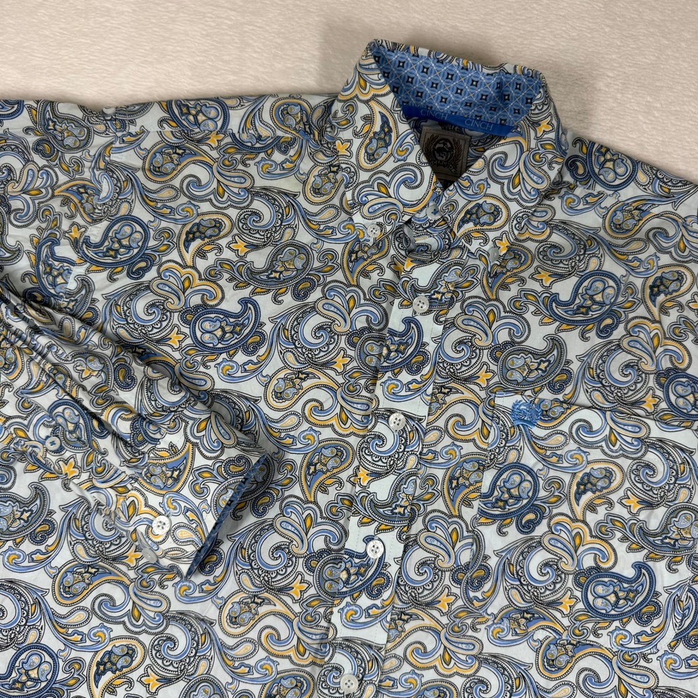 Cinch Mens XS Blue Yellow Paisley Long Sleeve Button Down Western Rodeo Shirt